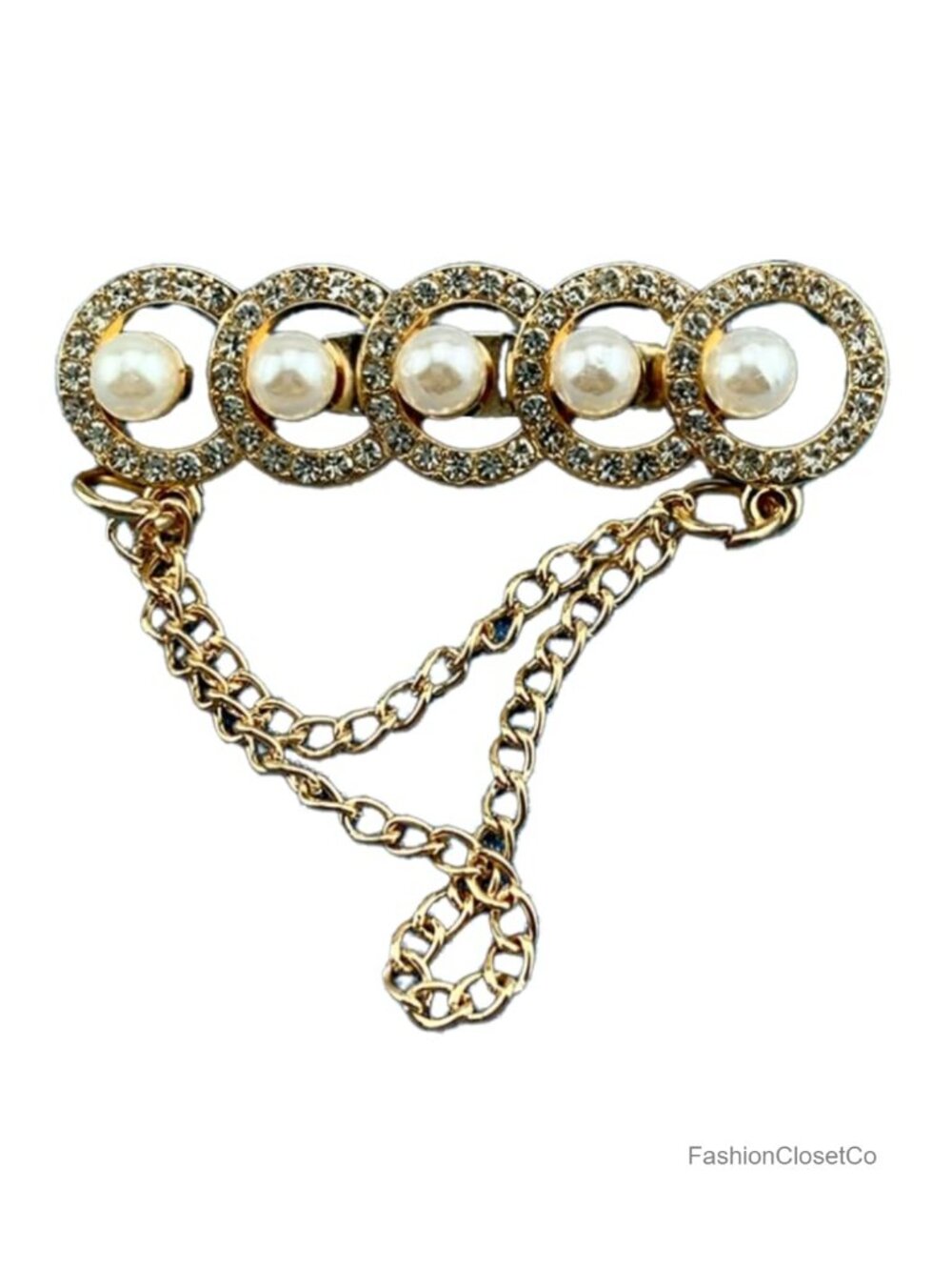 Rhinestone Pearl Brooch Gold Plated Pin Chain Women Wedding Party Jewelry